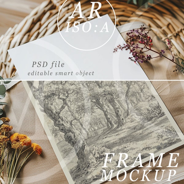 A4 Paper Mockup, Spring Theme Mockup, Overhead View of an Unframed Paper Print Lying Flat with Wild Flowers