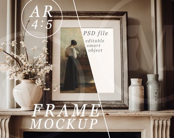 Vintage Wooden Frame Mockup: English Fireplace, 4x5 Ratio (PSD)