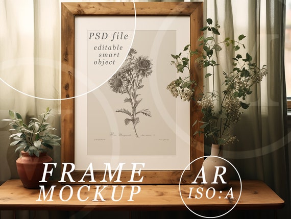 A2 Frame Mockup: Modern Wooden Portrait, Living Room Interior (PSD & JPEG)