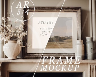 8x10 Frame Mockup, Vintage Wooden Frame sitting on a Traditional English Fireplace with Soft Lighting and Neutral Colours