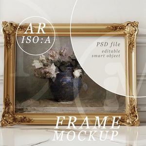 A0 Frame Mockup, PSD Template, Gold Antique Frame Mockup in a Bright Luxury Interior