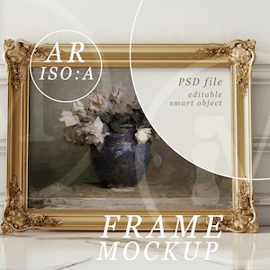 A0 Frame Mockup, PSD Template, Gold Antique Frame Mockup in a Bright Luxury Interior