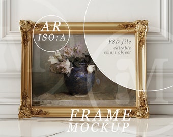 A0 Frame Mockup, PSD Template, Gold Antique Frame Mockup in a Bright Luxury Interior