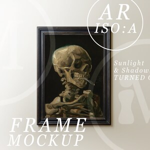 May include: A black framed print of a painting depicting a human skeleton with a cigarette in its mouth. The painting is titled "Sunlight & Shadows Turned Off".
