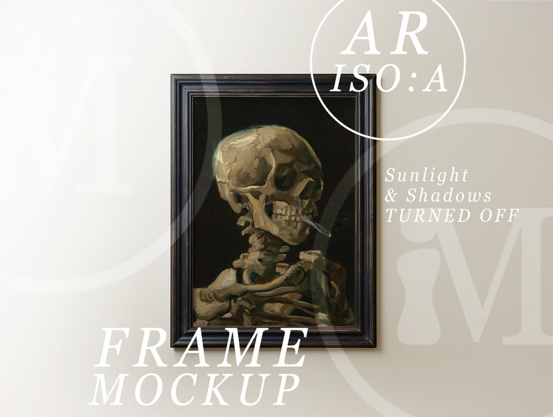 May include: A black framed print of a painting depicting a human skeleton with a cigarette in its mouth. The painting is titled "Sunlight & Shadows Turned Off".