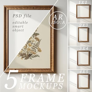 Set of 5 Frame Mockup Bundle - Vertical Frames - Rustic Wooden Picture Frame with Optional Natural Sunlight and Shadows