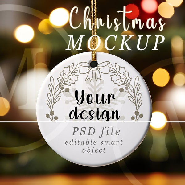 Christmas PSD Ornament Mockup - Smart Object file - Round White Hanging Ceramic Ornament Mock up with Gold String
