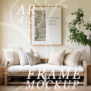 May include: A framed print of a black and white drawing of trees hangs on a white wall above a wooden bench with beige cushions. The bench is in a room with a window and a potted plant. The text "AR 4:5" is in a circle in the upper left corner of the image. The text "PSD file" is in the upper right corner of the image. The text "editable smart object" is below the text "PSD file". The text "FRAME MOCKUP" is in large white letters in the lower center of the image.