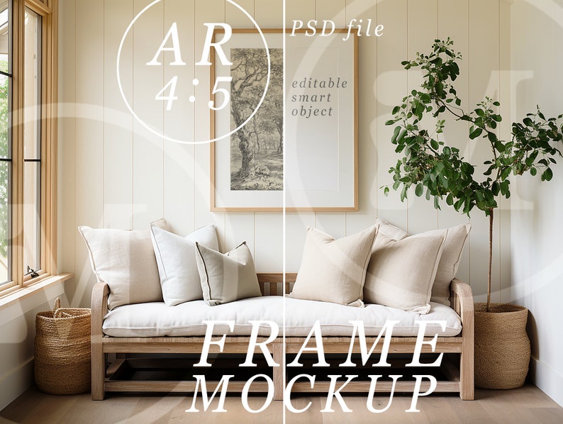 May include: A framed print of a black and white drawing of trees hangs on a white wall above a wooden bench with beige cushions. The bench is in a room with a window and a potted plant. The text "AR 4:5" is in a circle in the upper left corner of the image. The text "PSD file" is in the upper right corner of the image. The text "editable smart object" is below the text "PSD file". The text "FRAME MOCKUP" is in large white letters in the lower center of the image.