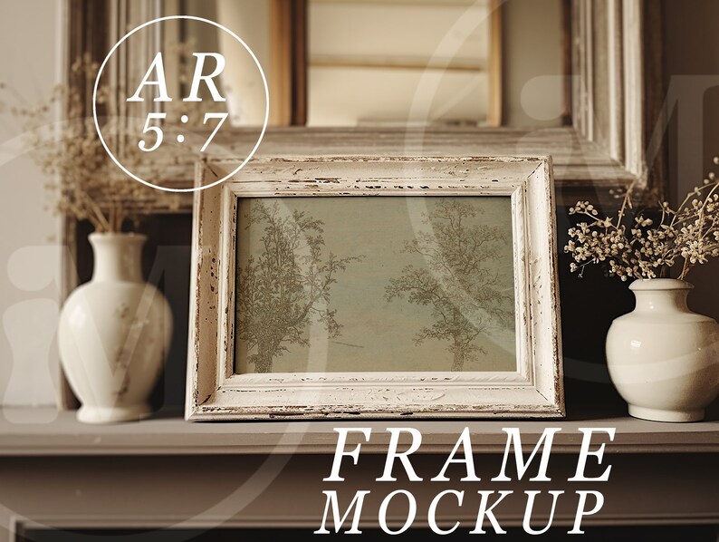 May include: White distressed wood picture frame with a light green and brown image inside. The frame is sitting on a brown shelf with two white vases and dried flowers on either side. The text "FRAME MOCKUP" is below the frame.