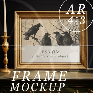 4x3 Frame Mockup, PSD Template, Vintage Gold Frame Mockup with Antique Desk in Moody Lighting