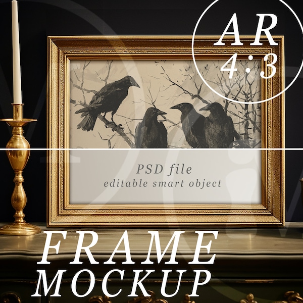 4x3 Frame Mockup, PSD Template, Vintage Gold Frame Mockup with Antique Desk in Moody Lighting