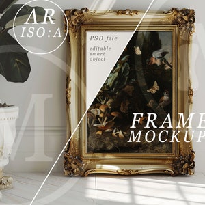 A1 Frame Mockup, PSD Template, Gold Antique Frame Mockup in an Elegant Modern Bright Interior with Sunlight and Shadows