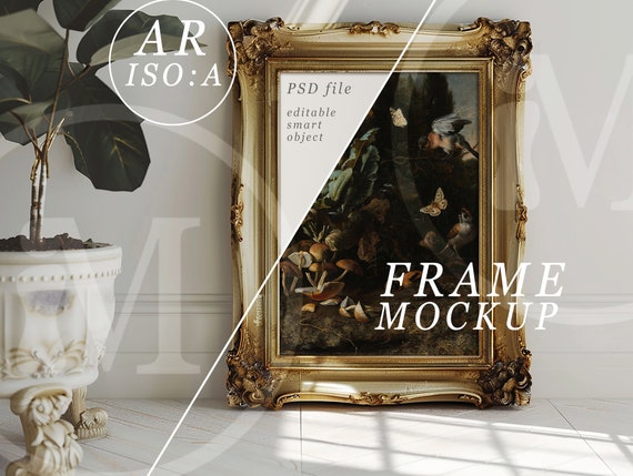 A1 Gold Antique Frame Mockup: Elegant Modern Interior (PSD Template)