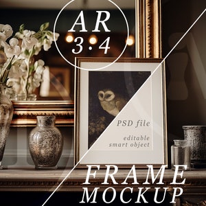 3x4 Frame Mockup with Slip Mount, Vintage Frame Leaning on a Traditional English Fireplace with soft Moody Lighting