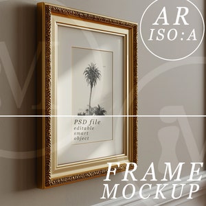 May include: A gold ornate frame mockup with a black and white image of a palm tree inside. The text "PSD file editable smart object" is visible inside the frame.