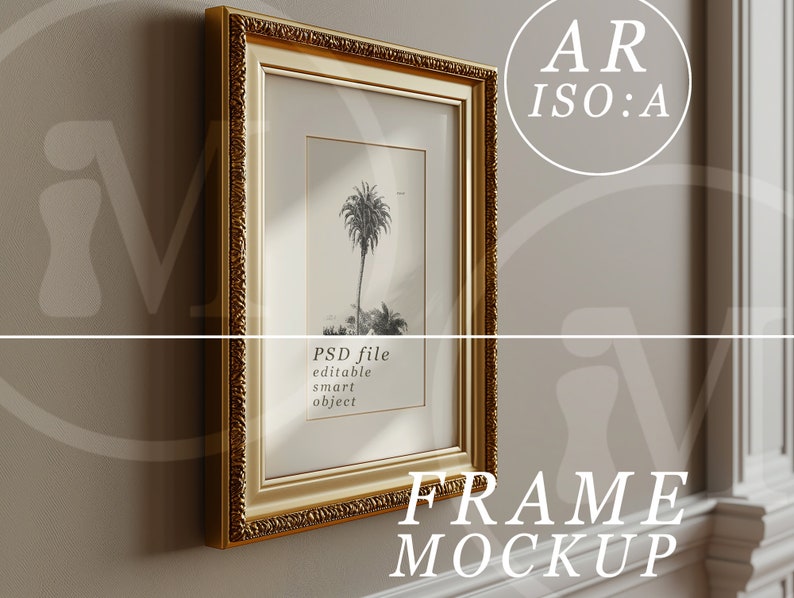 May include: A gold ornate frame mockup with a black and white image of a palm tree inside. The text "PSD file editable smart object" is visible inside the frame.