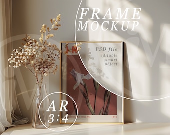 3x4 Gold Frame Mockup: Modern Interior PSD Template (Digital Download)