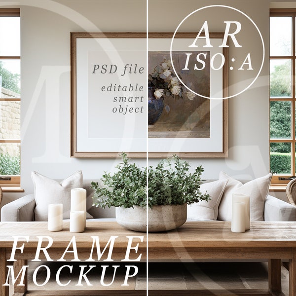 Horizontal A0 Frame Mockup - aspect ratio ISO :A - Modern Rustic Living Room Interior Mock Up with Light Neutral Colours