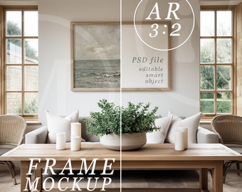 Horizontal 2x3 Frame Mockup, PSD Template, Modern Farmhouse Living Room with Light Neutral Colours