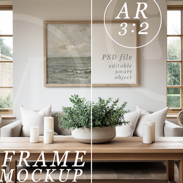 Maquette de cadre horizontal 2 x3, modèle PSD, salon de ferme moderne avec couleurs neutres claires