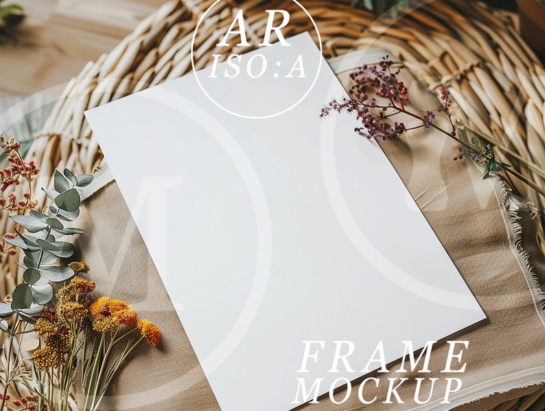 Op de afbeelding: Een witte frame mockup met de tekst "AR ISO:A" en "FRAME MOCKUP". Het frame ligt op een beige stof, omringd door gedroogde bloemen en een rieten mand.