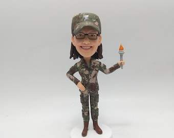 Custom Female Military Bobblehead Holding Torch, Personalized Army Figurine Gift for Soldier or Veteran