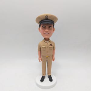Custom Navy Bobblehead in Khaki Uniform from Photo – Personalized Military Gift for Sailor Promotion or Retirement Tribute