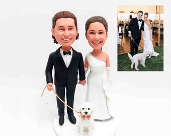 Topper de boda toppers de pastel boda bobblehead personalizado pastel topper figura de boda boda bobble cabeza personalizado pastel de boda topper con perro