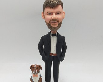 Bobblehead personalizzato per sposo e cane – Topper per torta nuziale personalizzato con animale domestico, fatto a mano da foto