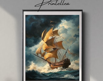 May include: A painting depicting a large, golden-sailed ship navigating stormy seas. The ship has multiple sails and is surrounded by white-capped waves. The sky is dark and cloudy, with a hint of blue visible.