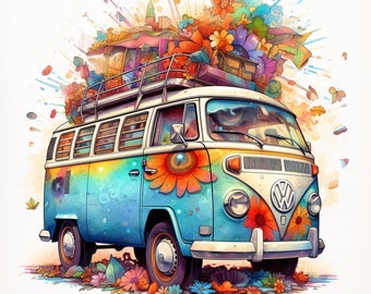 Retro Floral Hippie Van Digital Download | Retro printables