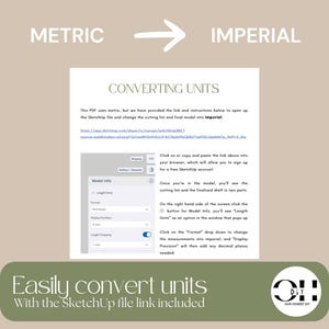 Peut inclure: Un document p&eacute;dagogique intitul&eacute; CONVERTING UNITS expliquant comment convertir des mesures m&eacute;triques en imp&eacute;riales dans un fichier SketchUp. Il contient une URL, une capture d'&eacute;cran de l'interface Model Info et des instructions textuelles.