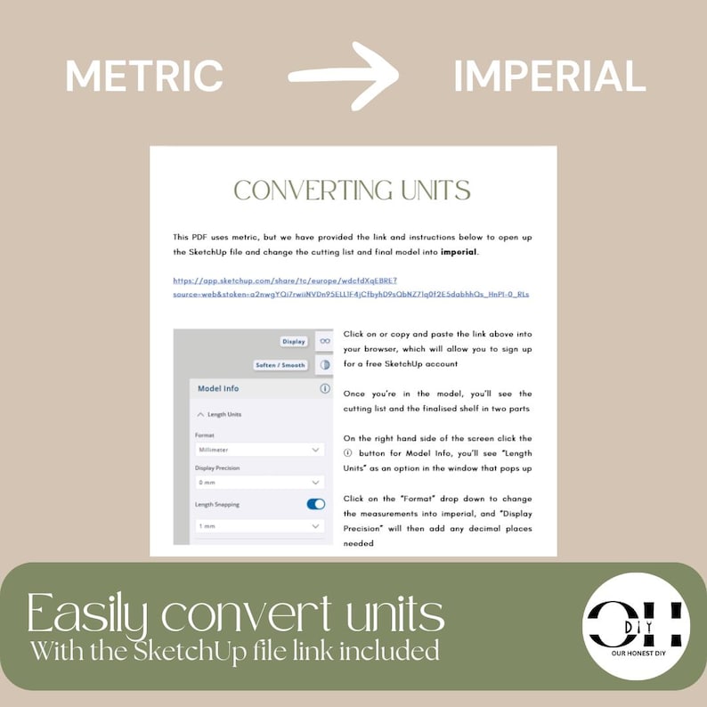 Peut inclure: Un document p&eacute;dagogique intitul&eacute; CONVERTING UNITS expliquant comment convertir des mesures m&eacute;triques en imp&eacute;riales dans un fichier SketchUp. Il contient une URL, une capture d'&eacute;cran de l'interface Model Info et des instructions textuelles.