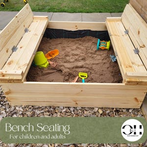 May include: A wooden sandbox with hinged bench seating. The sandbox is filled with sand and includes several plastic toys. The text "Bench Seating For children and adults" is displayed on the bottom of the image.