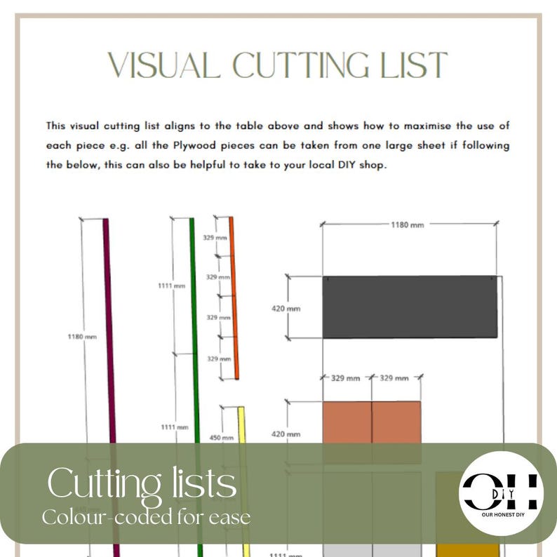 Peut inclure: Un diagramme de liste de coupe visuelle intitul&eacute; VISUAL CUTTING LIST. Il affiche diverses lignes color&eacute;es et formes rectangulaires repr&eacute;sentant des pi&egrave;ces de bois avec des mesures en mm, dont 1180 mm, 420 mm et 329 mm.