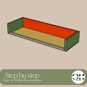 Peut inclure: Une structure de cadre rectangulaire en bois avec des panneaux lat&eacute;raux vert olive, un panneau arri&egrave;re orange vif et une base beige. Un fin rail m&eacute;tallique gris longe le bord avant. Le texte "Step by step Easy-to-follow instructions" et un logo sont visibles.