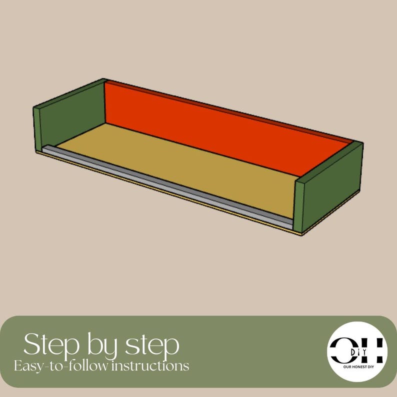 Peut inclure: Une structure de cadre rectangulaire en bois avec des panneaux lat&eacute;raux vert olive, un panneau arri&egrave;re orange vif et une base beige. Un fin rail m&eacute;tallique gris longe le bord avant. Le texte "Step by step Easy-to-follow instructions" et un logo sont visibles.