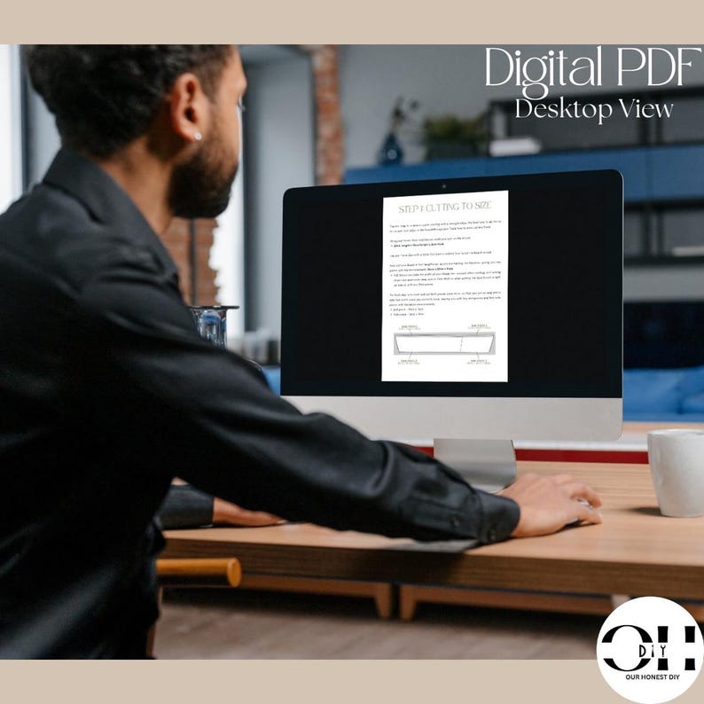 Peut inclure: Un &eacute;cran d'ordinateur affichant un document PDF num&eacute;rique intitul&eacute; Step 1 Cutting to Size. L'&eacute;cran pr&eacute;sente du texte explicatif et un sch&eacute;ma lin&eacute;aire d'une forme rectangulaire. Le moniteur est pos&eacute; sur un bureau en bois.