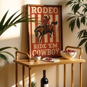 Striped Rodeo Print, Western Bedroom Print, Cowboy Wall Art, Rustic Mid Century Modern Decor, Retro Horse Print, Digital Download