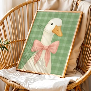 Silly Goose Wall Art, Cute Goose Poster Sage Green Nursery Decor, Farm Animal Printable Pink Coquette, Cottagecore Green Girls Room Art
