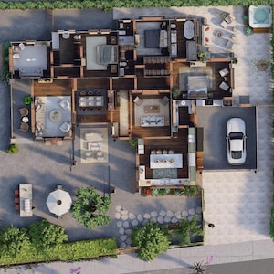 May include: An aerial view of a modern house plan, showcasing a garage with a white car, several bedrooms, a kitchen, and outdoor seating. The exterior includes a stone patio, landscaping, and a fire pit, all set within a well-designed layout.
