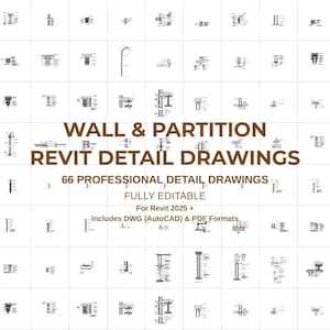 Puede incluir: Una cuadrícula de 66 dibujos técnicos de detalles arquitectónicos para muros y tabiques. El texto dice: WALL & PARTITION REVIT DETAIL DRAWINGS, 66 PROFESSIONAL DETAIL DRAWINGS, FULLY EDITABLE, For Revit 2025 +, Includes DWG (AutoCAD) & PDF Formats.