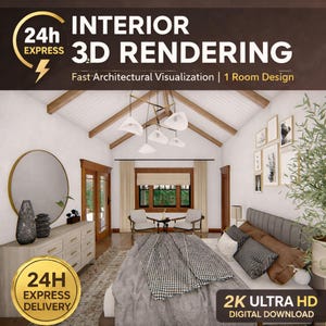 Op de afbeelding: 3D-rendering van een slaapkamerinterieur met een bed, dressoir en kunstwerken. De afbeelding bevat tekst: "24h Express Delivery" en "2K Ultra HD Digital Download". Snelle architecturale visualisatie.