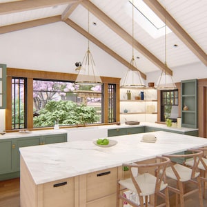 Può includere: Una cucina moderna con mobili verde salvia, un'ampia isola in marmo e dettagli in legno. La stanza presenta un soffitto a volta con travi a vista, lampade a sospensione e una grande finestra che si affaccia su un lussureggiante giardino. L'isola della cucina ha sedie in legno.