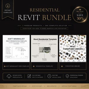 Könnte beinhalten: Ein digitales Download-Bundle für Wohnbauprojekte in Revit. Das Bild zeigt drei Premium-Produkte: eine Soft-Minimalist-Ansichtsvorlage, eine Wohnvorlage und eine Möbelbibliothek. Der Text enthält "Sofort-Download" und "30 % sparen."
