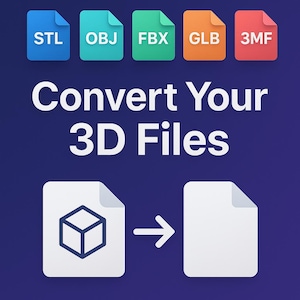 Pode incluir: Gráfico com o texto "Converta seus arquivos 3D" e ícones de tipo de arquivo: STL, OBJ, FBX, GLB e 3MF. A imagem mostra um cubo 3D convertendo-se em um documento em branco sobre um fundo azul escuro.
