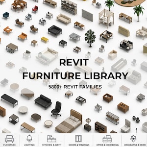 May include: An assortment of 3D-rendered furniture models, including tables, chairs, sofas, and beds, are displayed. The text "REVIT FURNITURE LIBRARY" is prominently featured, along with "5800+ REVIT FAMILIES". Icons for furniture, lighting, kitchen & bath, doors & windows, office & commercial, and decorative items are at the bottom.