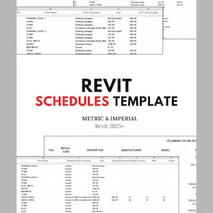 May include: A Revit Schedules Template document with the title in large red letters. The document includes tables with data on room names, occupancy, and area in square feet. The template is labeled as Metric & Imperial for Revit 2025+.