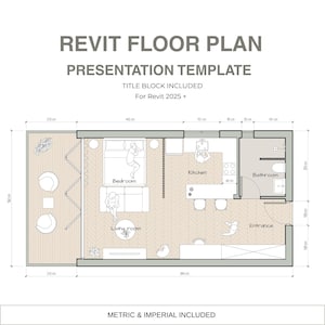 May include: A Revit floor plan presentation template for Revit 2025+ featuring a detailed architectural layout of a studio apartment with a bedroom, kitchen, living room, bathroom, entrance, and balcony, including metric and imperial dimensions.